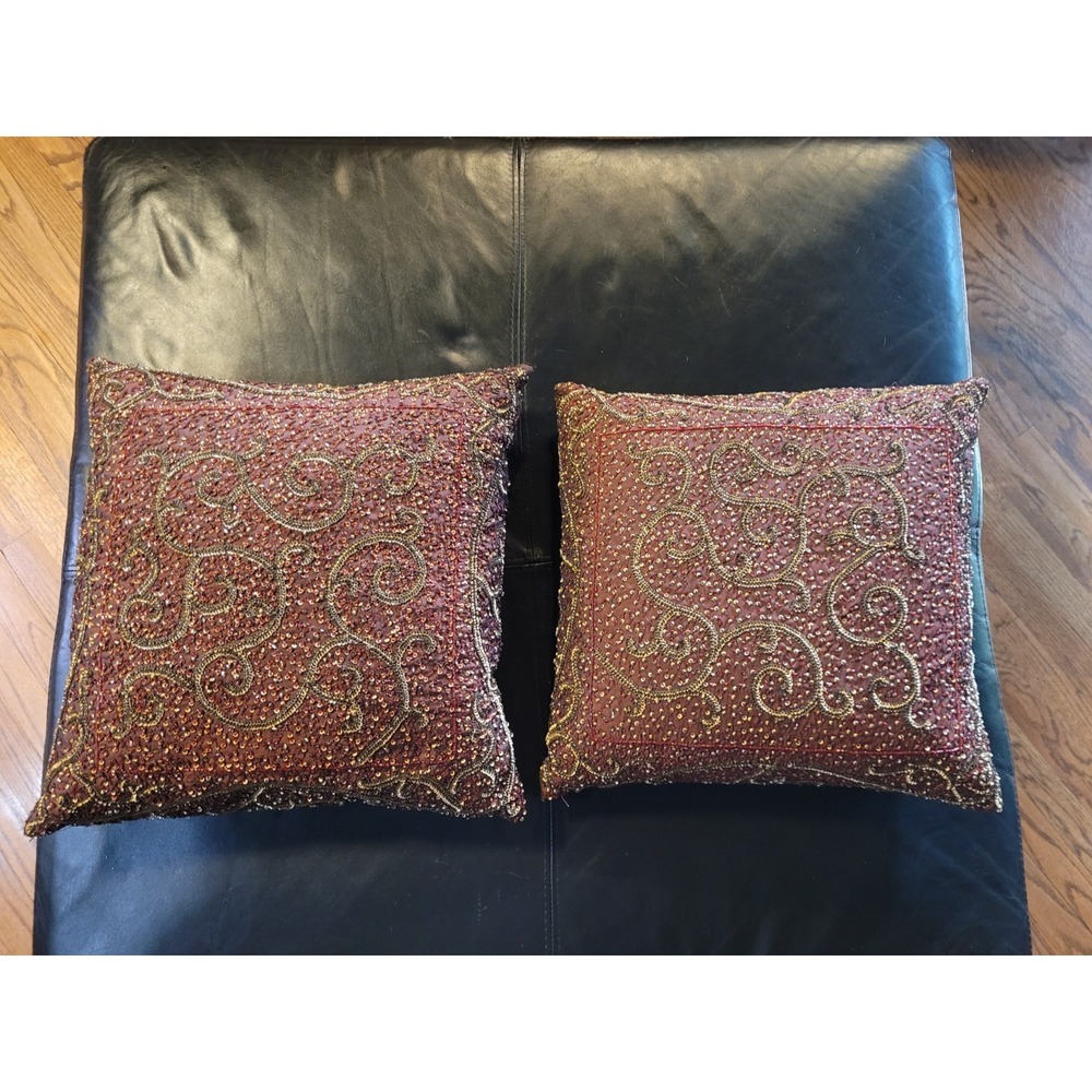 Set of 2 Z Gallerie DUCK & DOWN Beaded Textured Bohemian Square Pillow 16x16